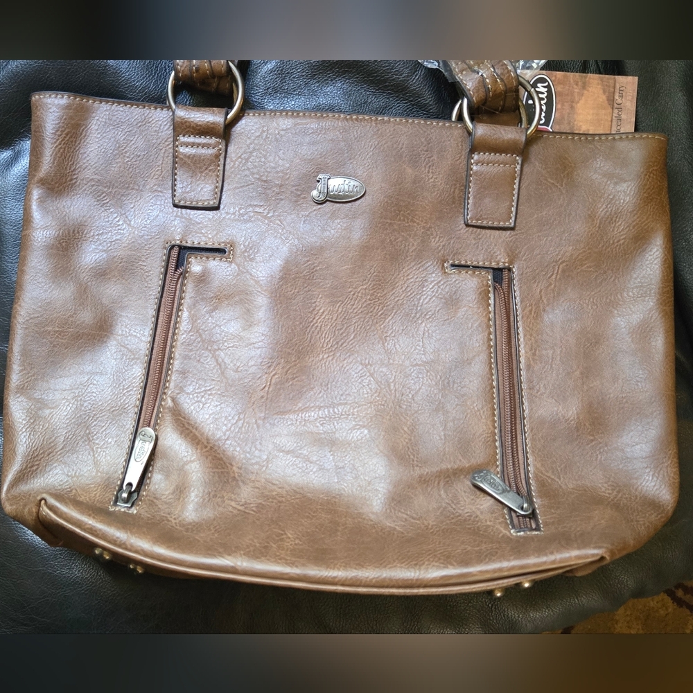 Justin Boots Brown Concealed Carry Ostrich Leather Shoulder Bag 15"×12"×5" NWT - Picture 4 of 11
